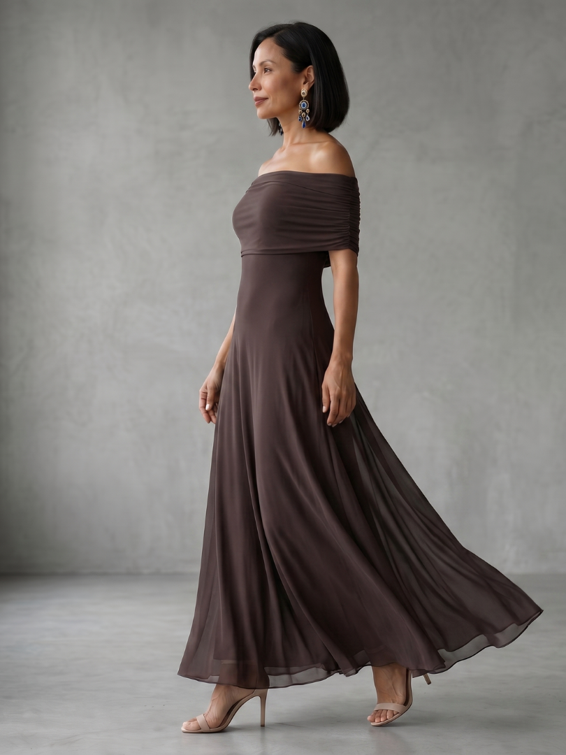 June off-shoulder draped-band maxi dress — back view