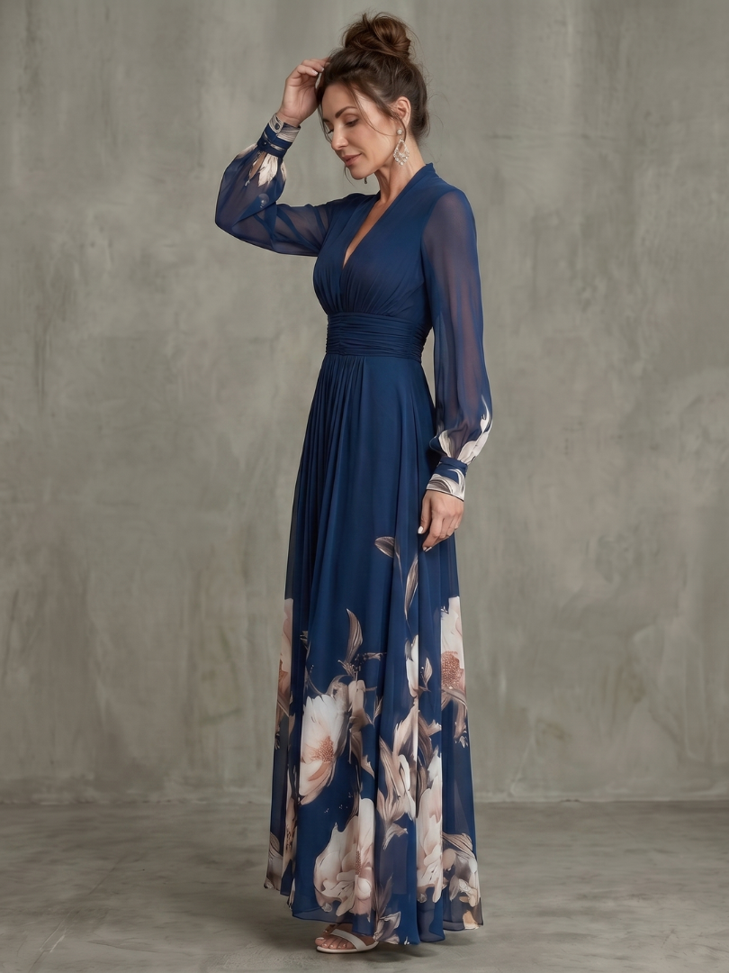 Ziva sheer-sleeve pleated floral maxi dress — back view