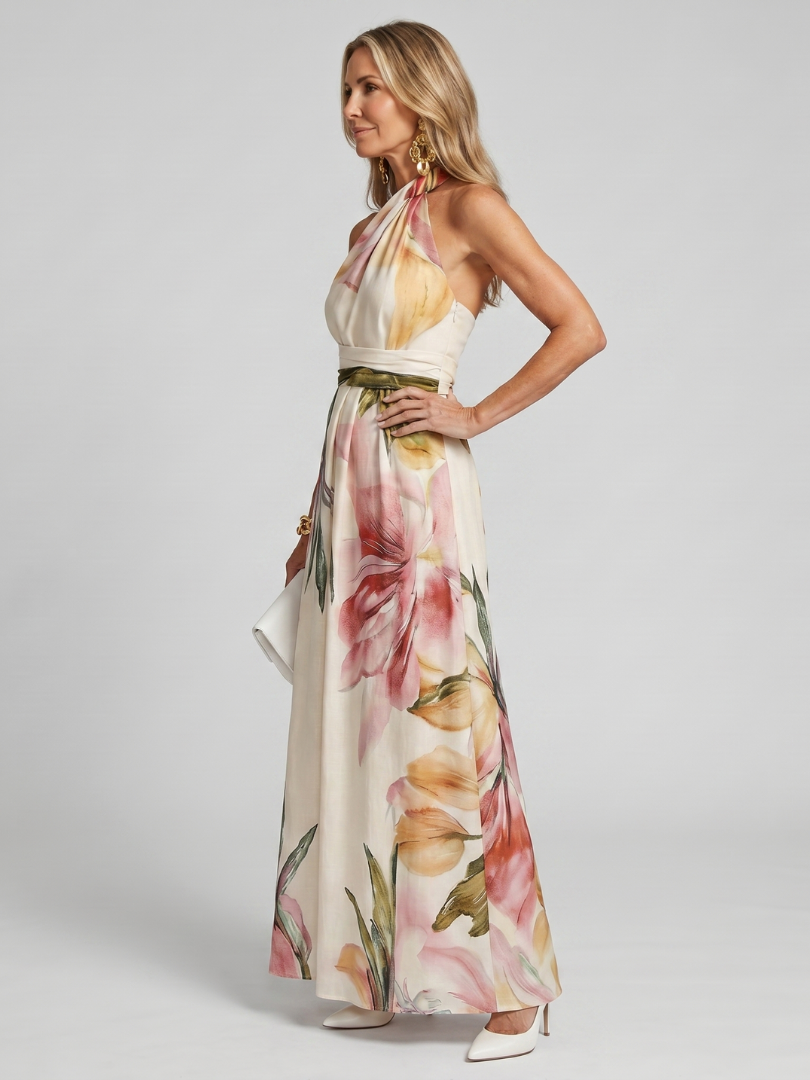 Hester watercolour floral halterneck maxi dress with sash — back view