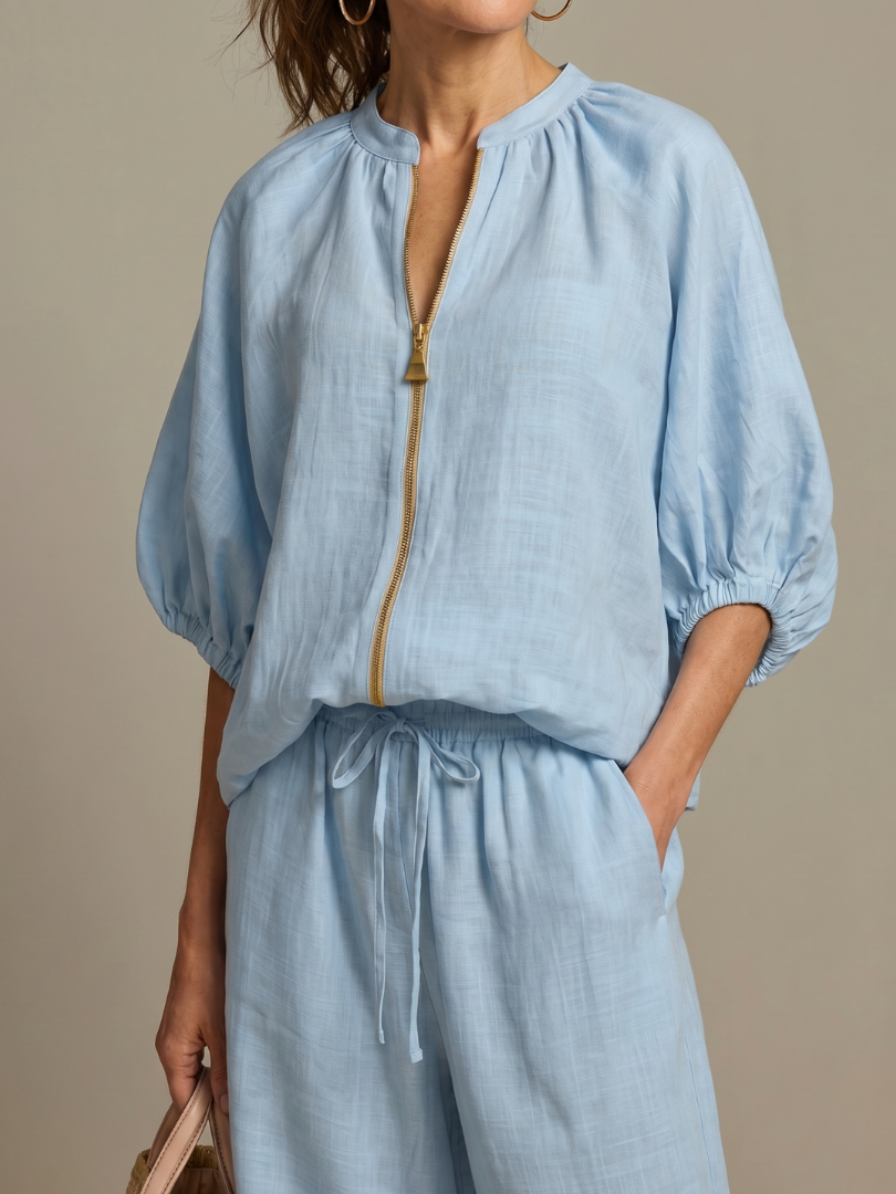 Natalia zip-front blouson top and wide-leg trouser two-piece set — side view