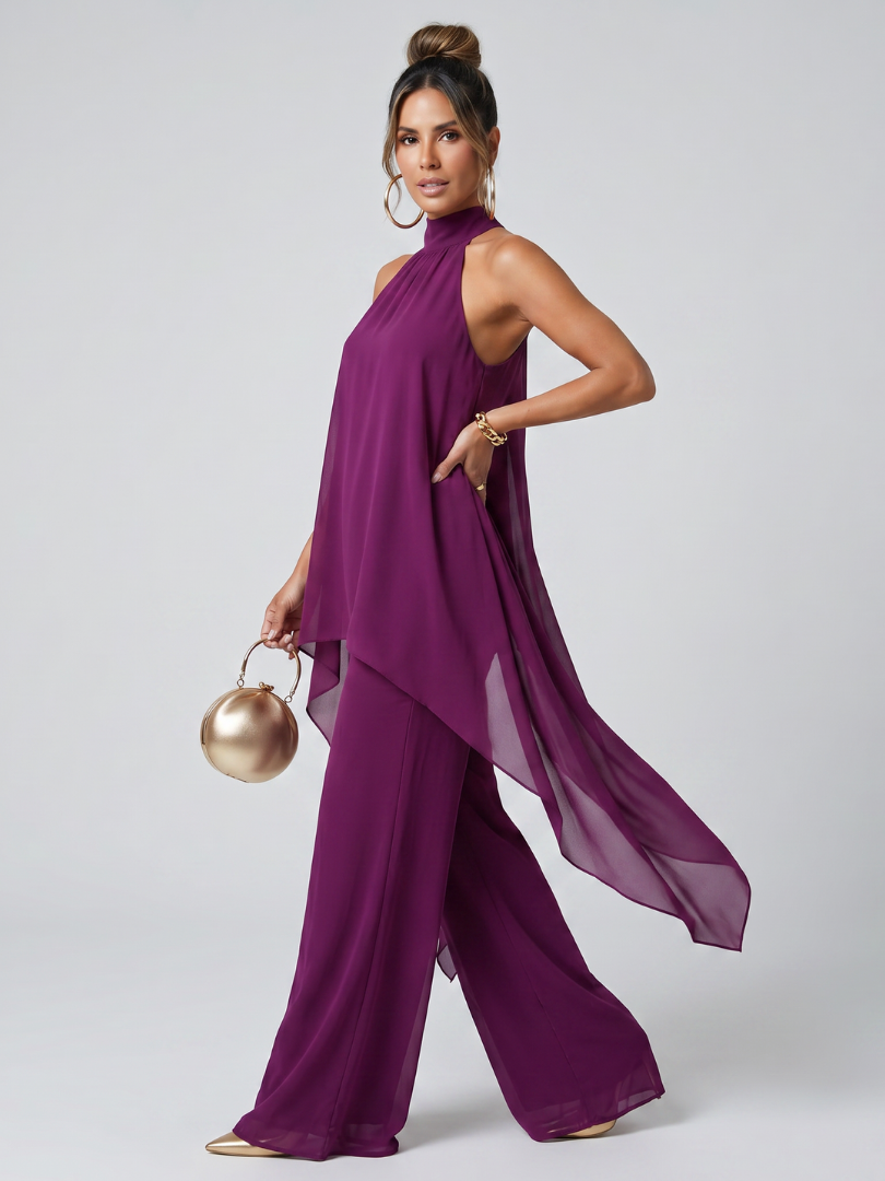 Zareen draped cascade tunic and wide-leg trouser two-piece set — side view