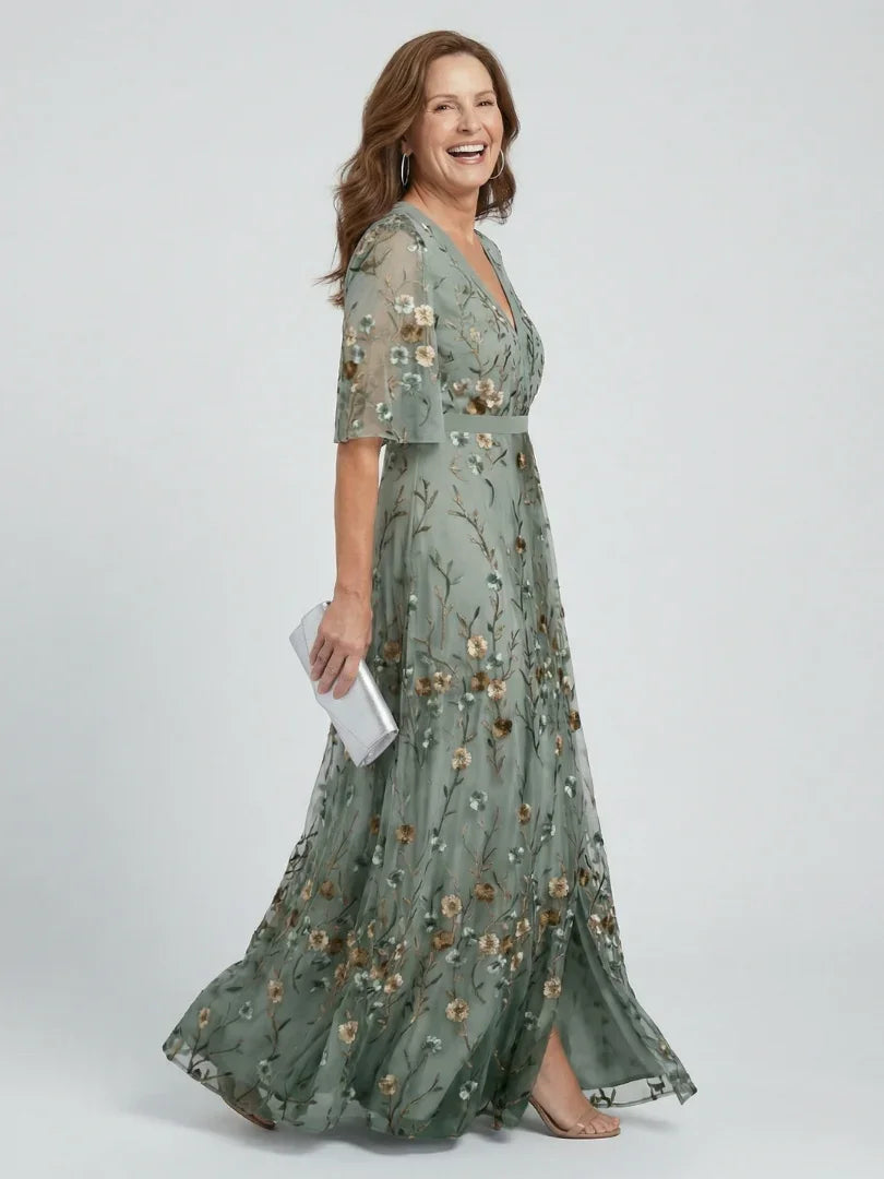 Selora embroidered v-neck flutter-sleeve maxi dress — back view