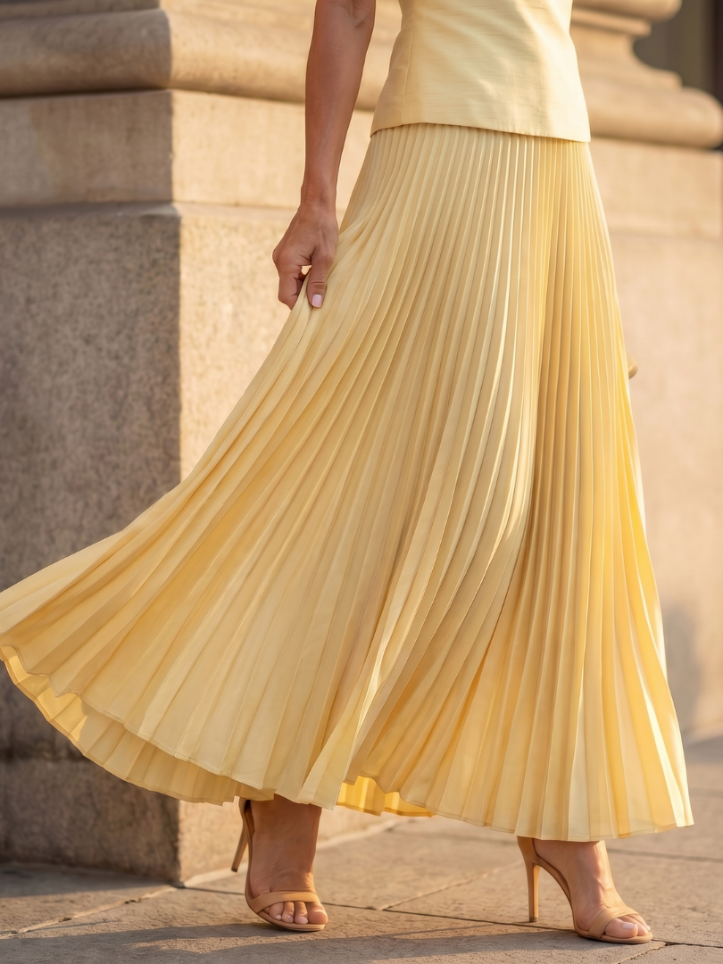 Rhodes boat-neck shell top and pleated maxi skirt two-piece set — side view