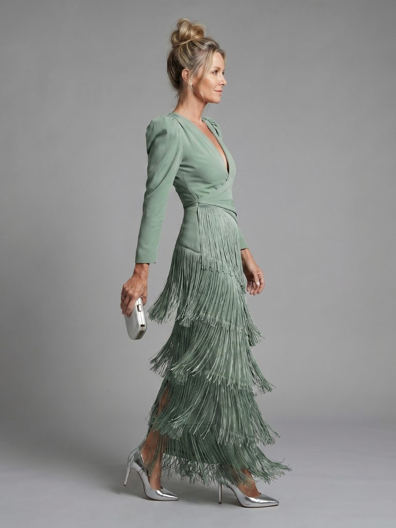 Samara fringed tiered wrap maxi dress — back view