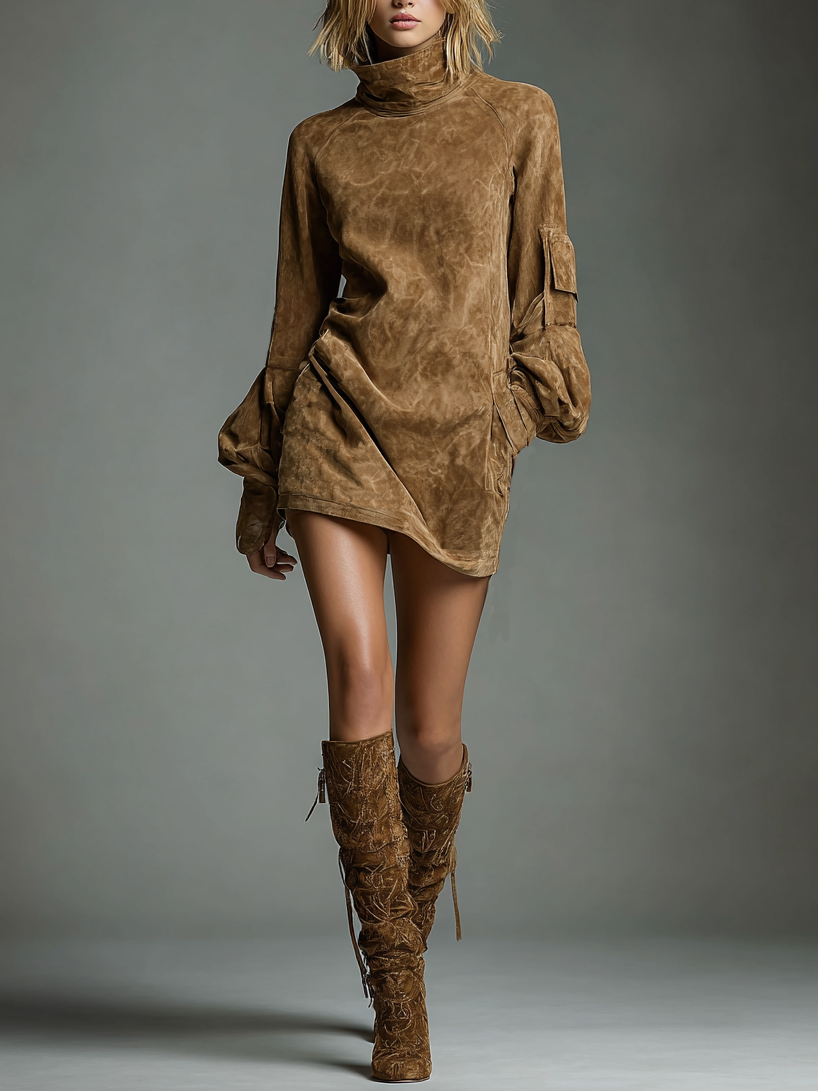 Willow | Loose Fit Suede Turtleneck Mini Dress