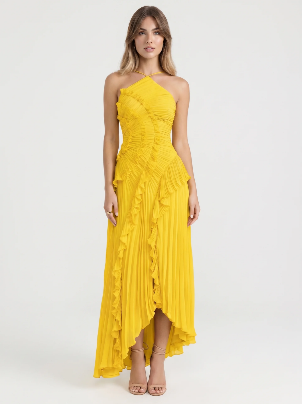 Clover pleated asymmetric ruffle maxi dress in yellow — back view