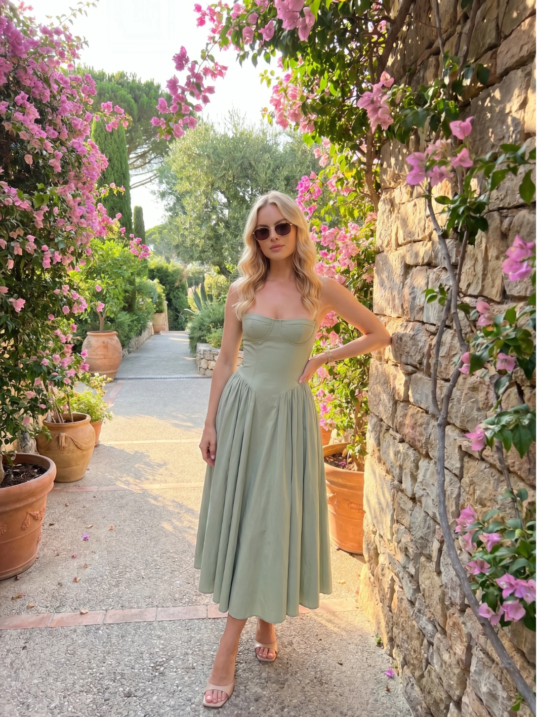 Nova strapless corset-bodice midi dress with full skirt in Light Green — front view