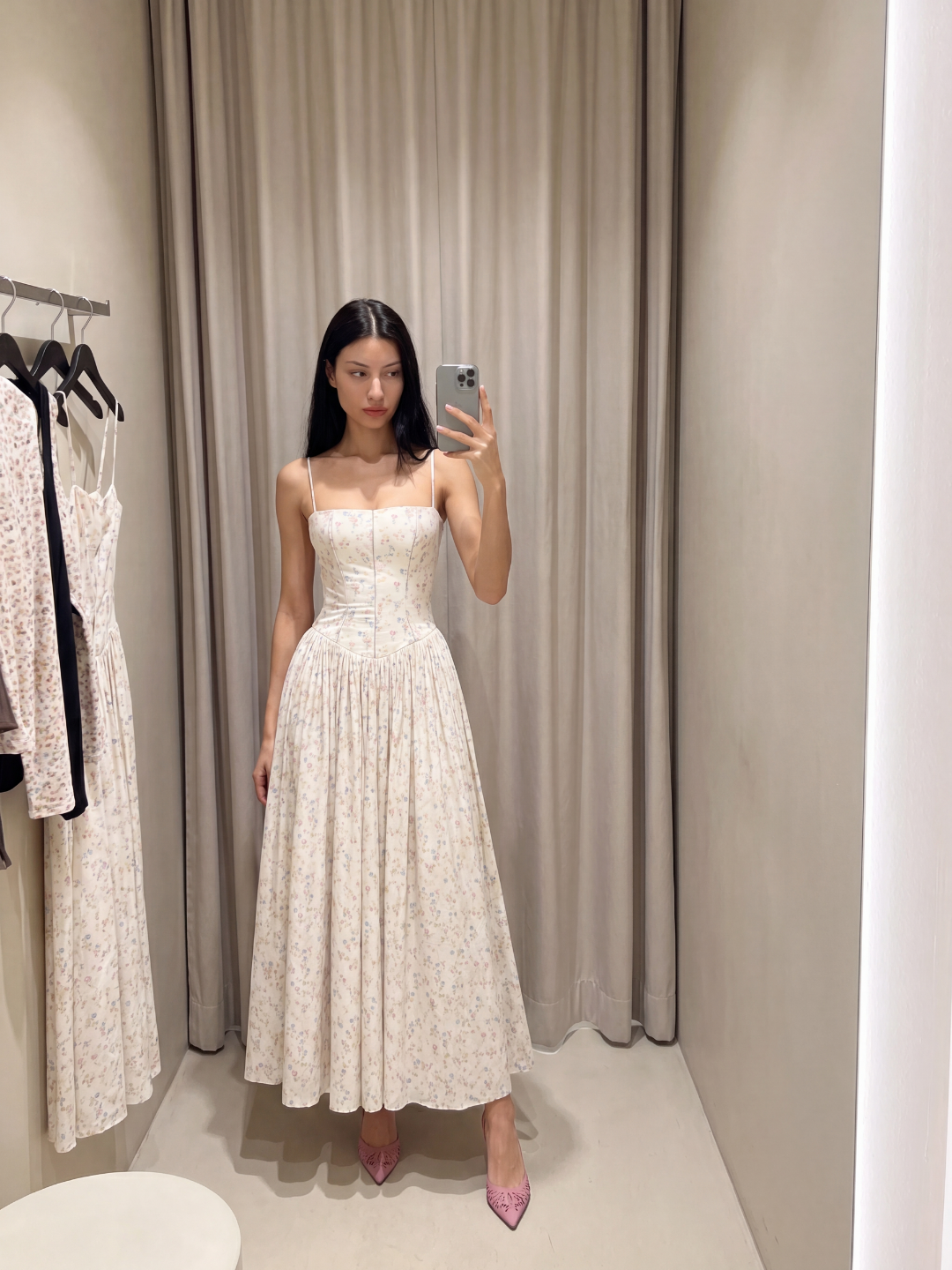 Ines floral corset drop-waist midi dress in cream — full-length view