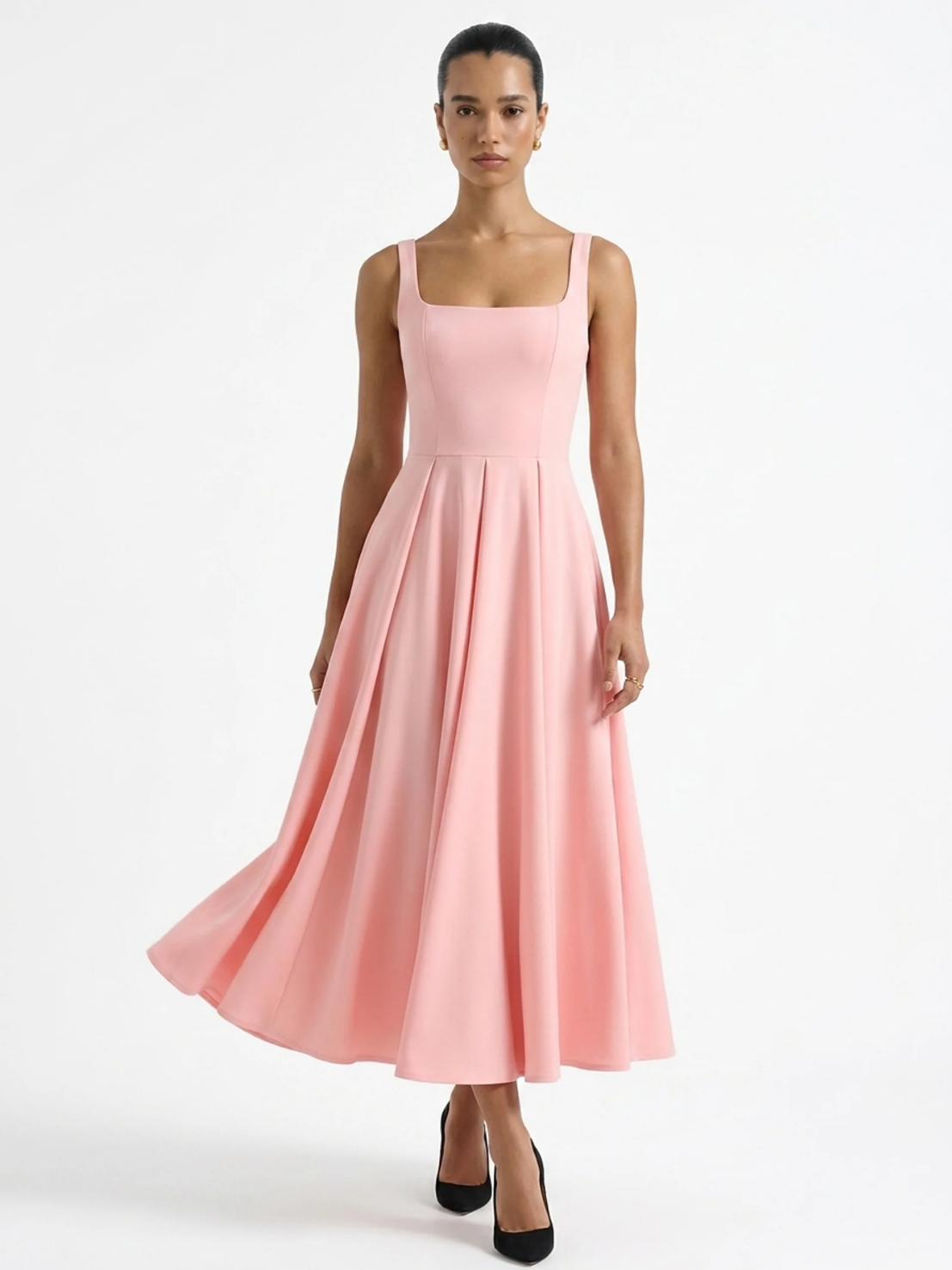 Tessa strappy volume-hem midi dress in Pink — back view