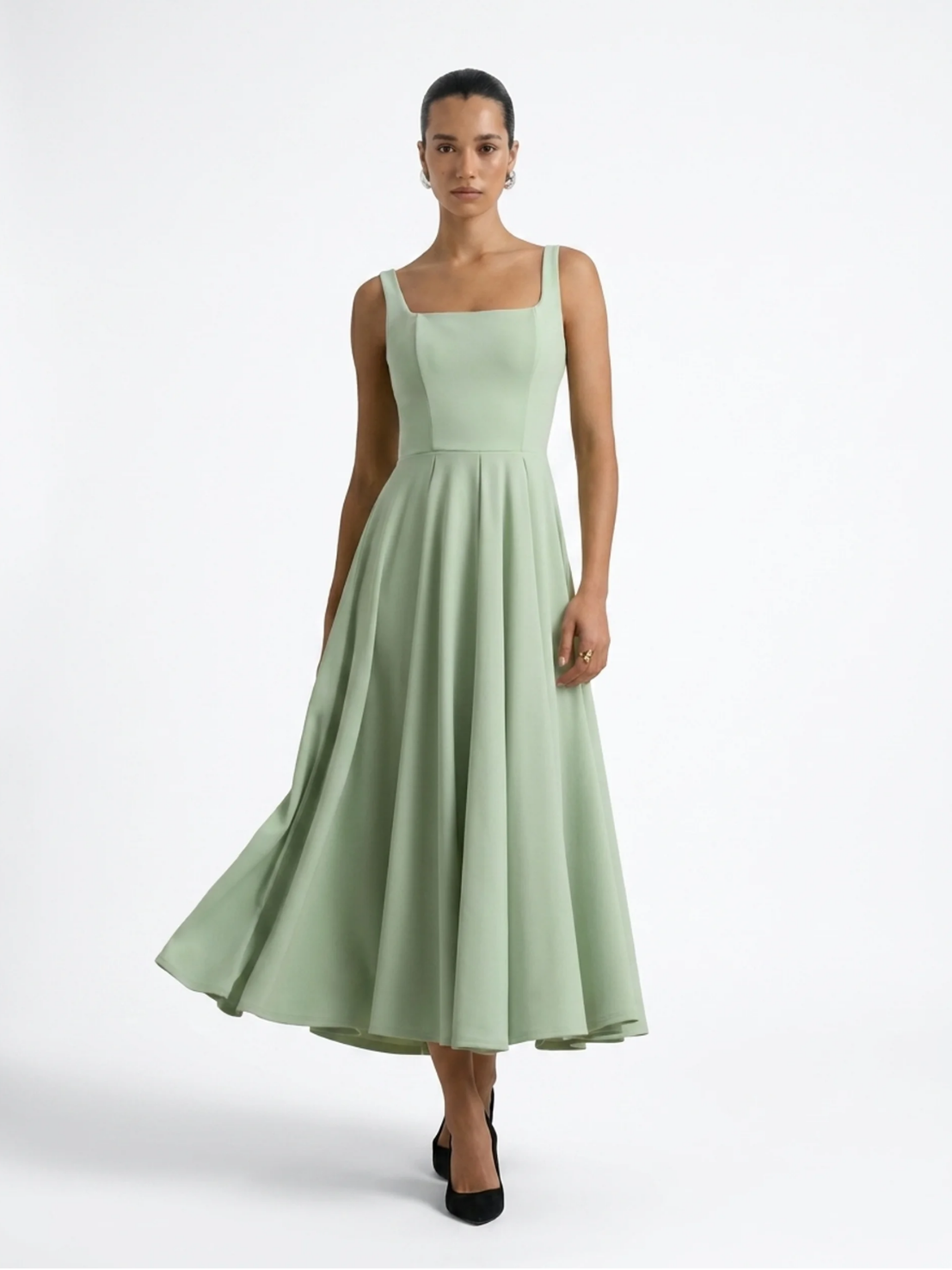 Tessa strappy volume-hem midi dress in Light Green — front view
