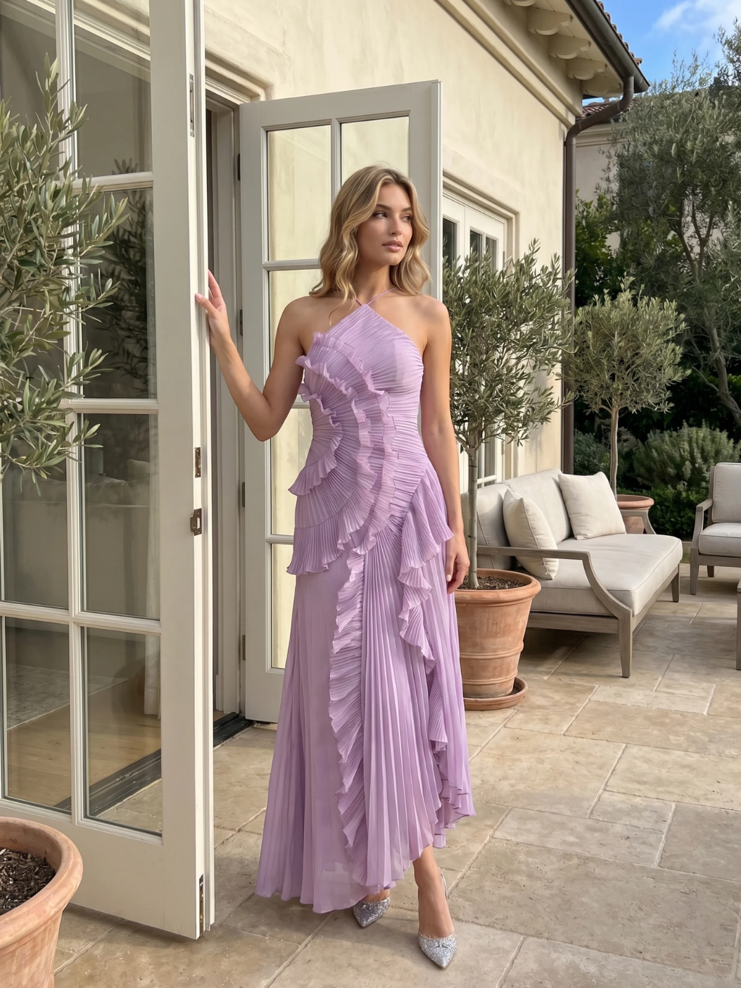 Clover pleated asymmetric ruffle maxi dress in pink — front view