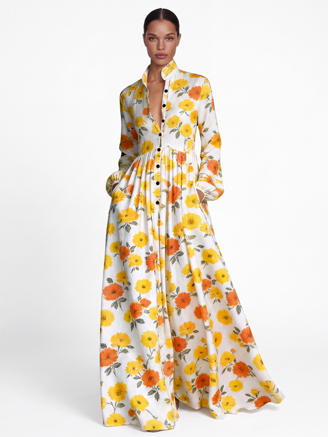 Elin floral shirt maxi dress in yellow — front view
