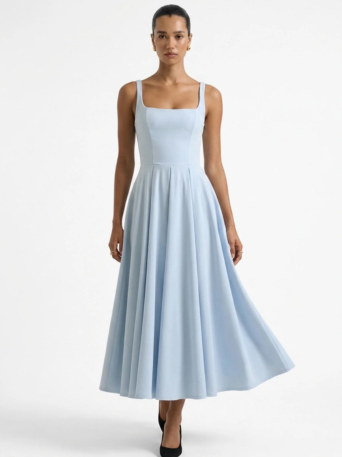 Tessa strappy volume-hem midi dress in Blue — front view