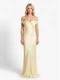 Elsa off-shoulder draped satin-finish maxi dress in Light Yellow — front view