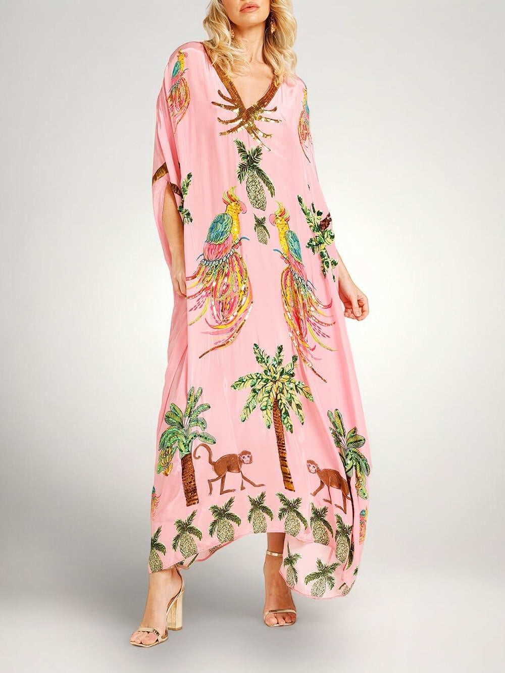 Sahara palm print drop-shoulder kaftan maxi dress — styled view