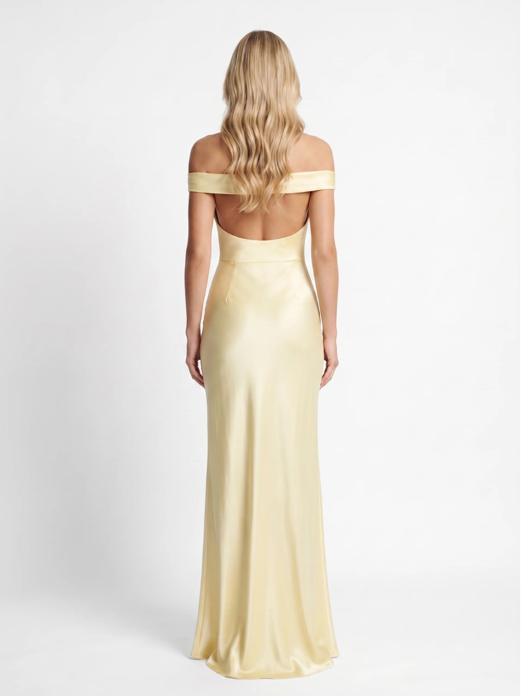 Elsa off-shoulder draped satin-finish maxi dress in Light Yellow — back view