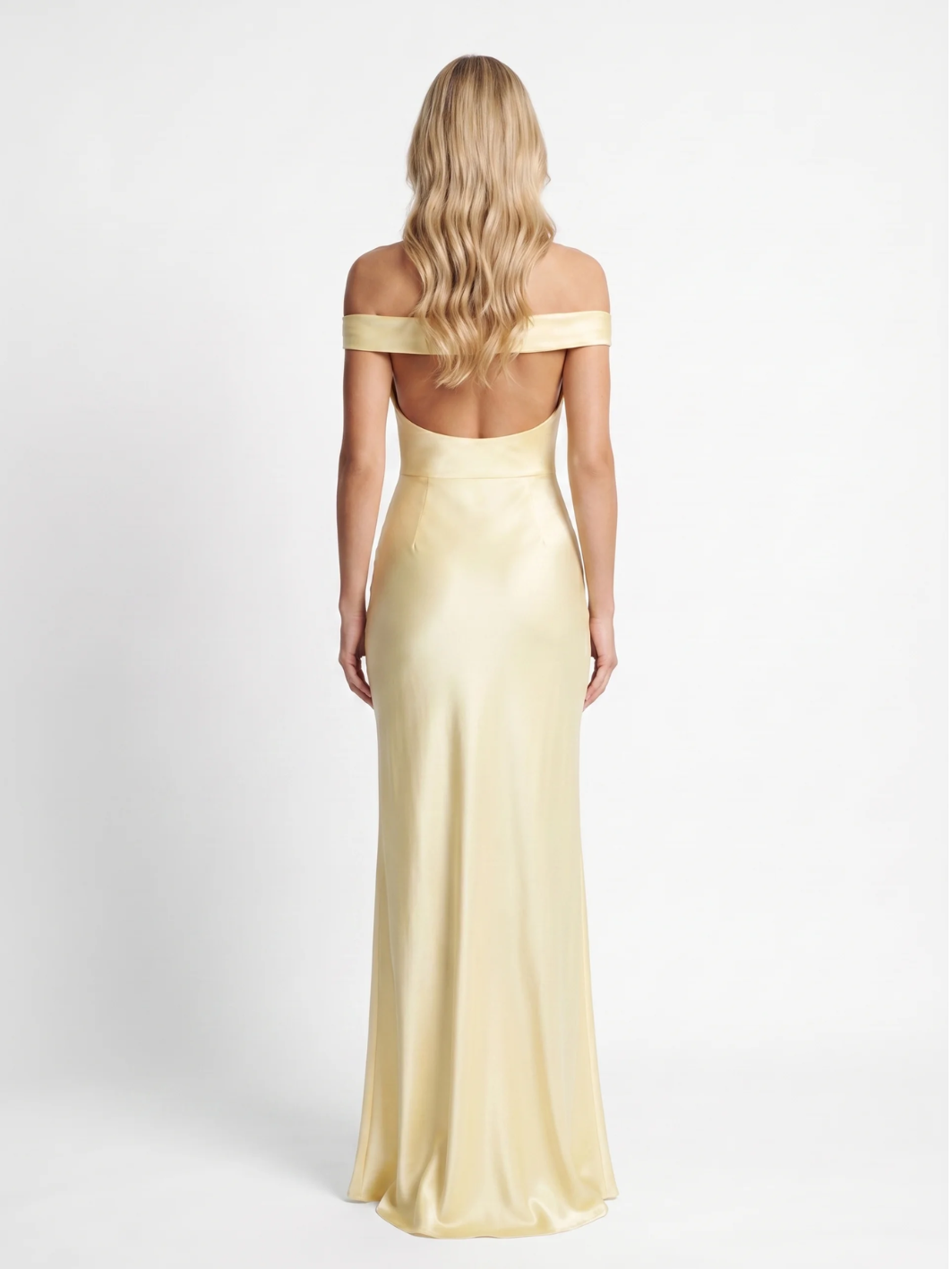Elsa off-shoulder draped satin-finish maxi dress in Light Yellow — back view