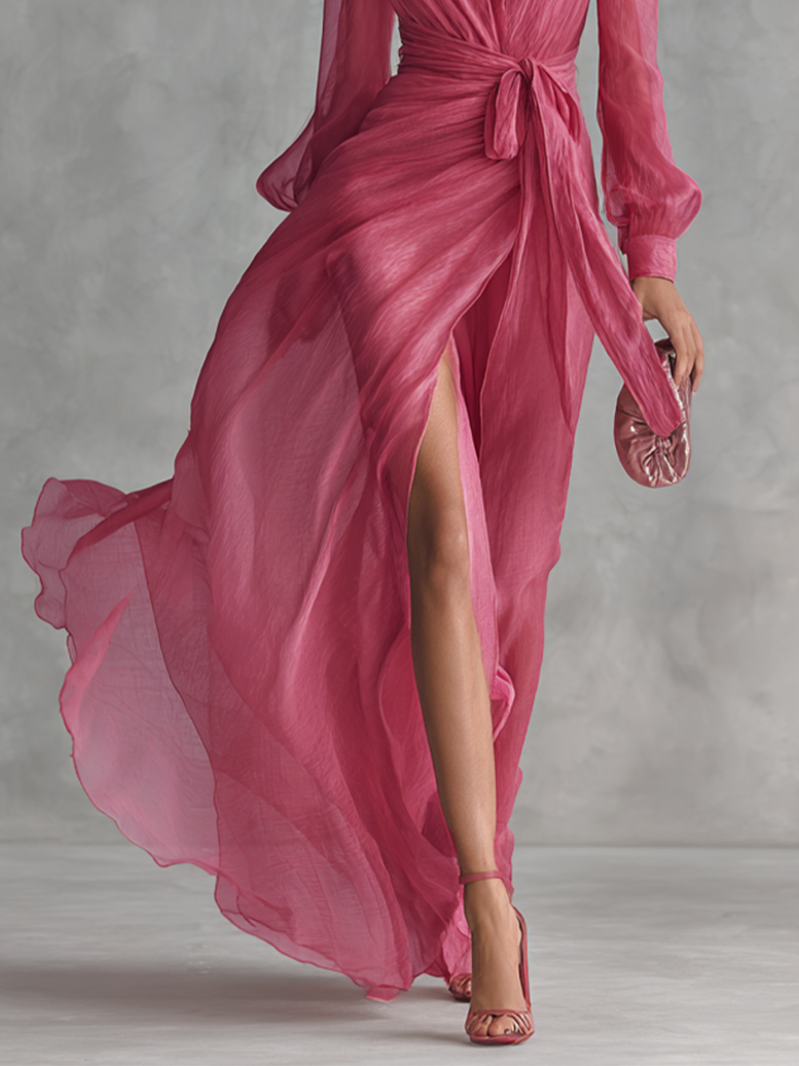 Colette plunge chiffon wrap maxi dress with tie waist — detail view