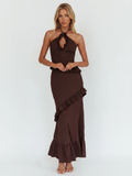 Romy halter keyhole smocked frill-trim maxi dress — front view