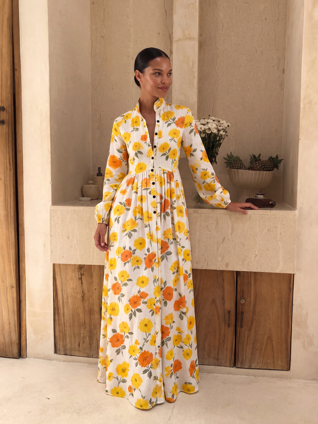Elin floral shirt maxi dress in green — front view