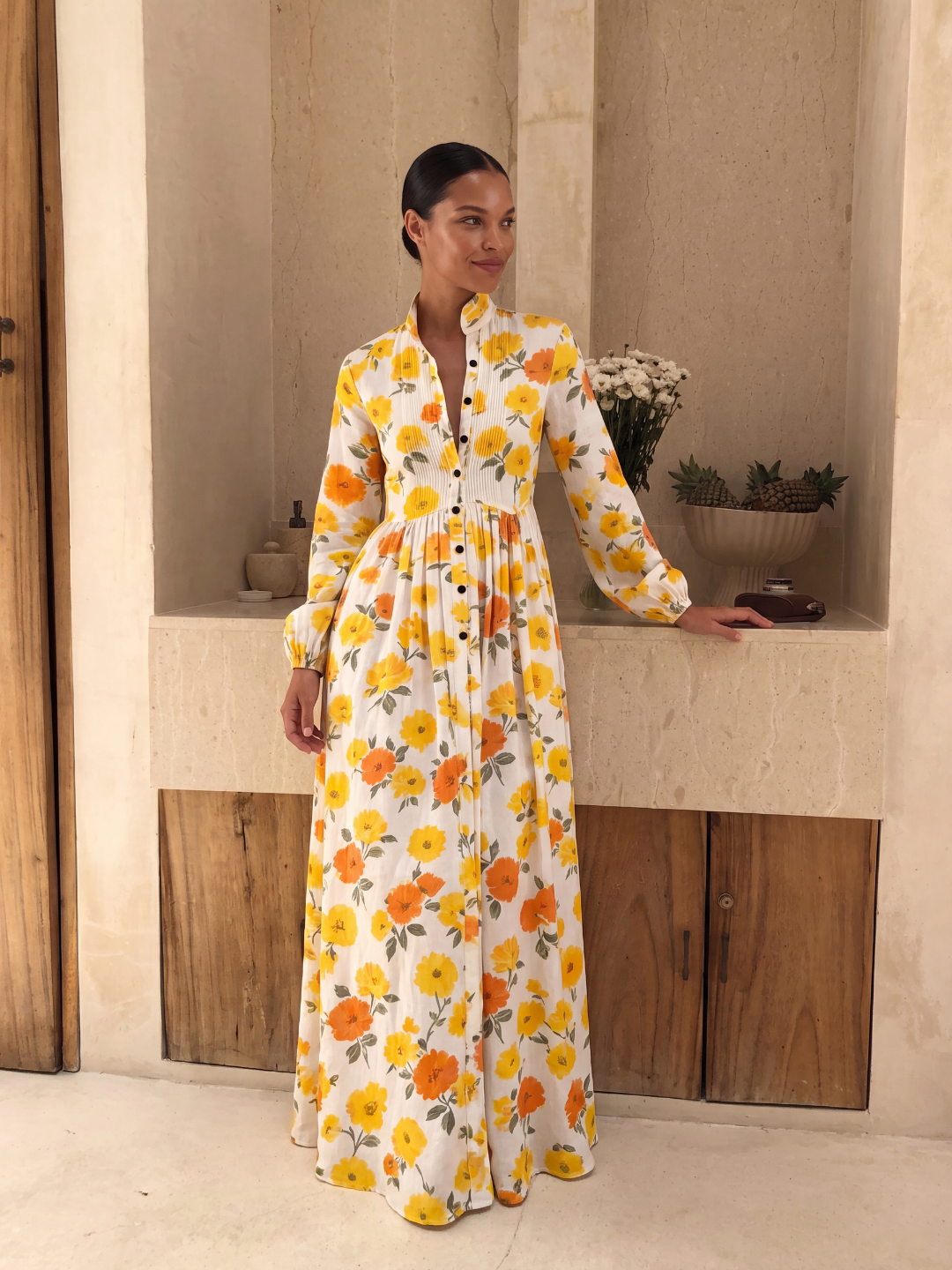 Elin floral shirt maxi dress in green — front view