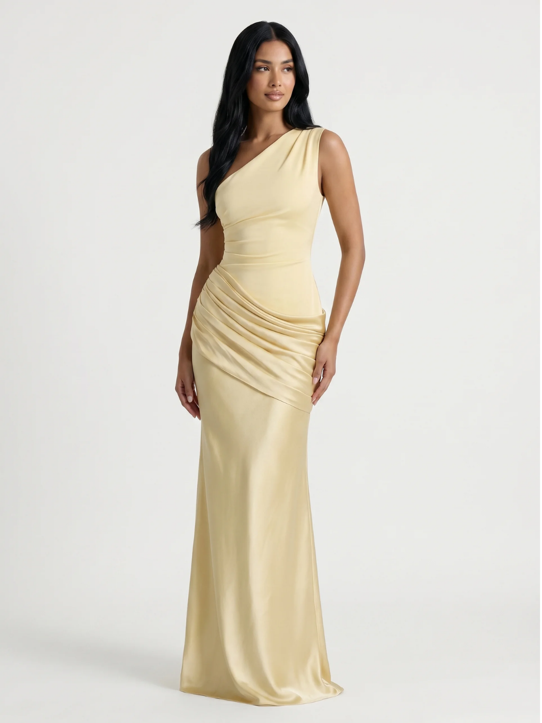 Una one-shoulder draped satin-finish column maxi dress in Yellow — front view