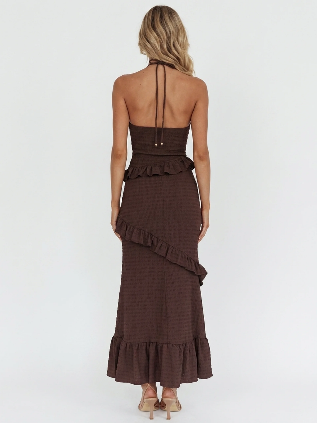 Romy halter keyhole smocked frill-trim maxi dress — front view