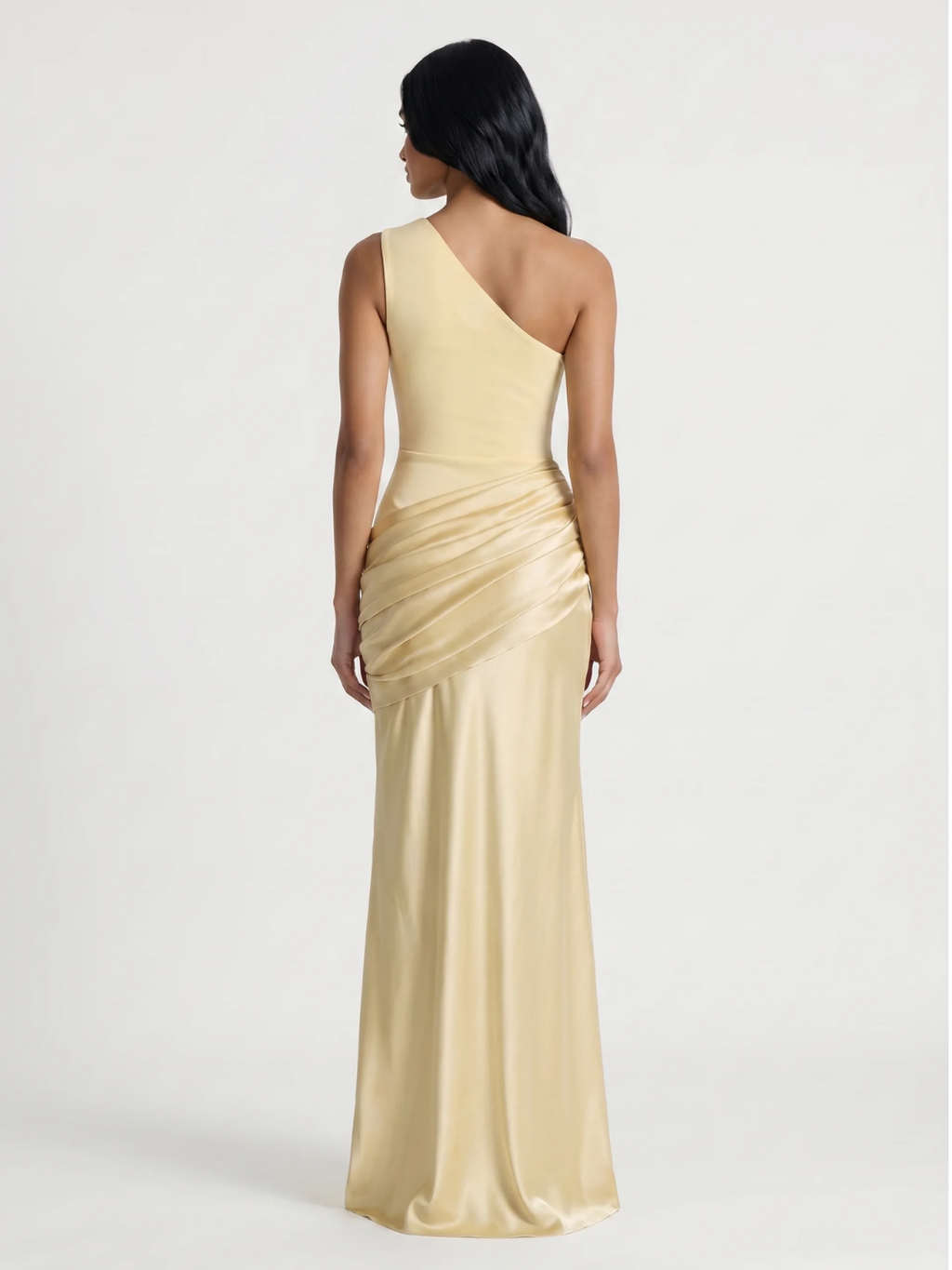 Una one-shoulder draped satin-finish column maxi dress in Yellow — back view