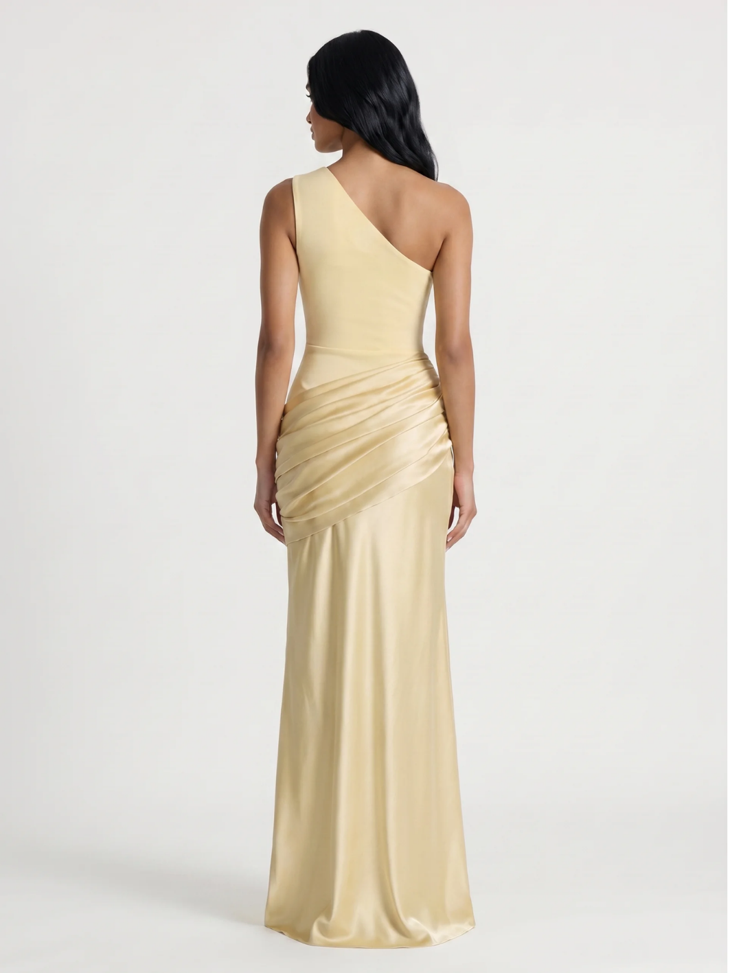 Una one-shoulder draped satin-finish column maxi dress in Yellow — back view