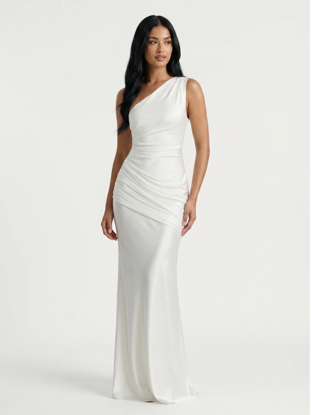 Una one-shoulder draped satin-finish column maxi dress in Yellow — detail view