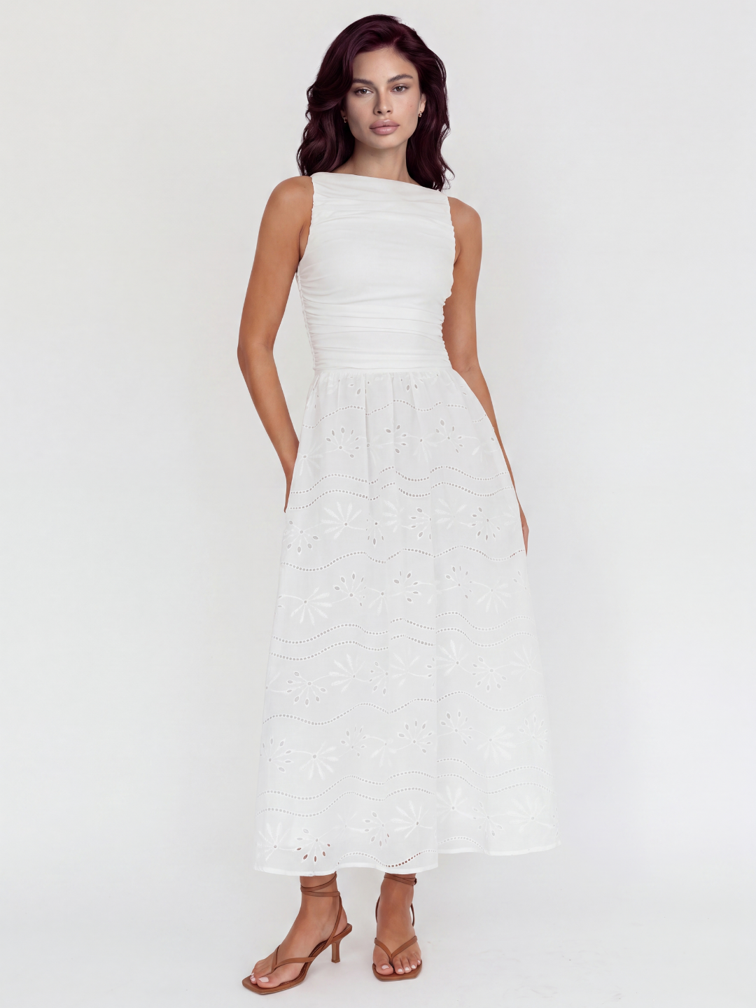 Leni eyelet maxi dress in white — front view