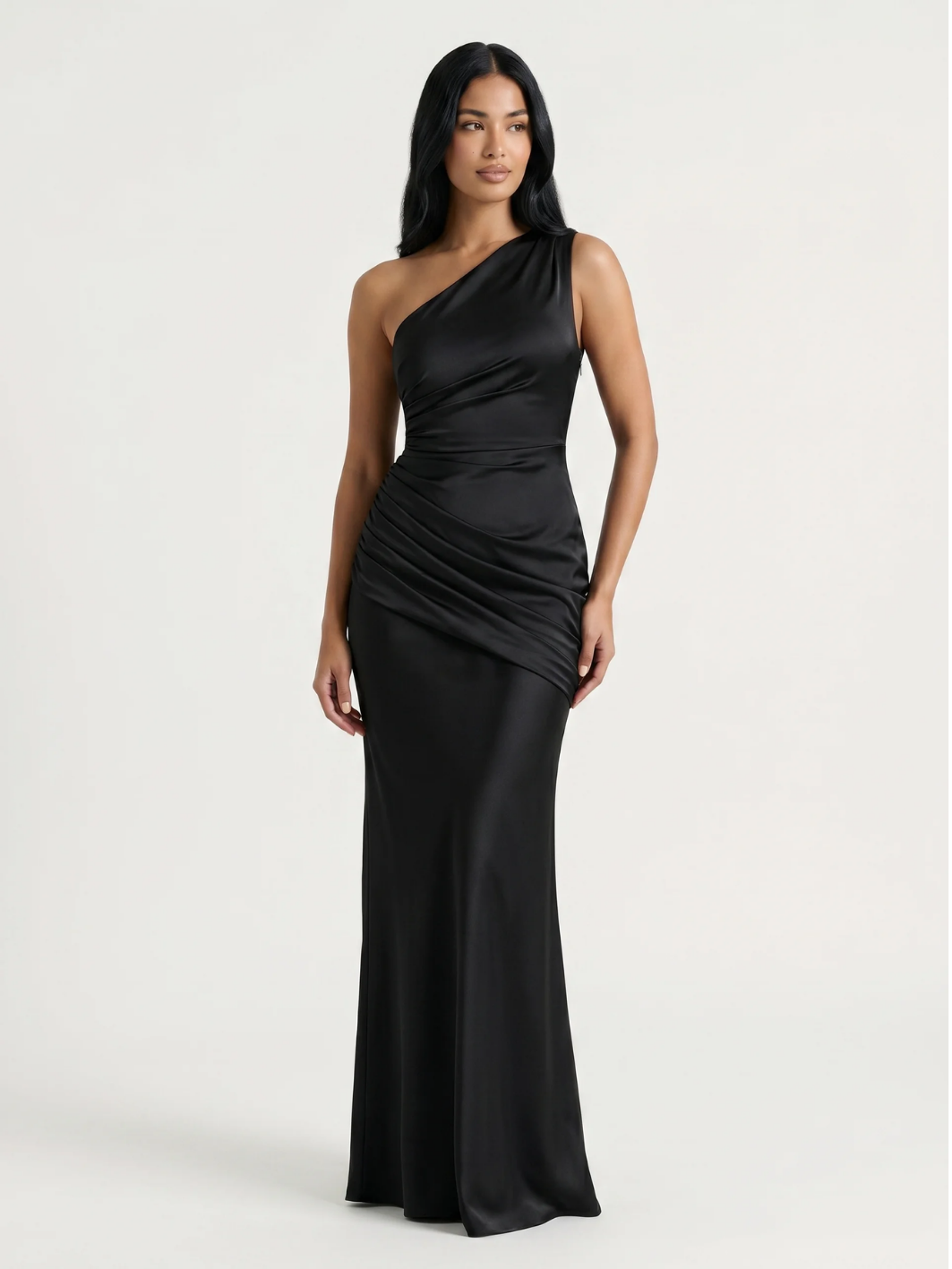Una one-shoulder draped satin-finish column maxi dress in Yellow — back view
