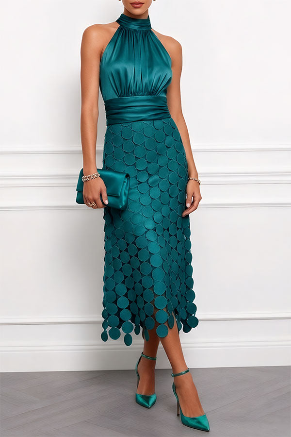 Amelie halterneck satin-finish midi dress with circle appliqué skirt — full-length view