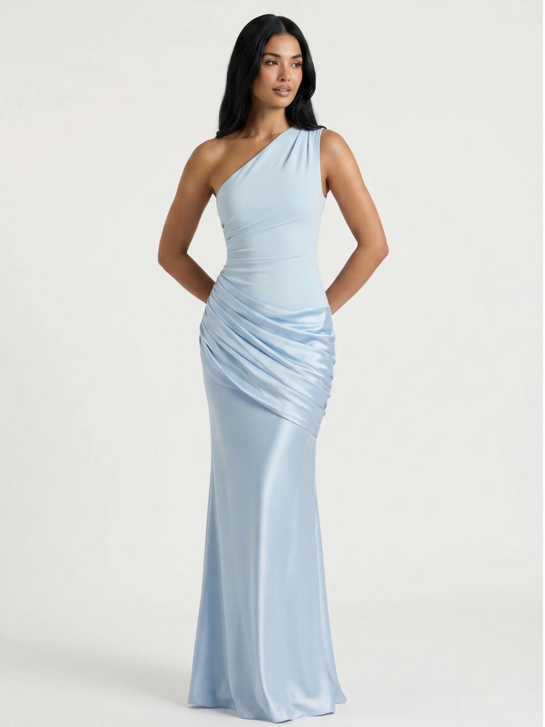 Una one-shoulder draped satin-finish column maxi dress in Yellow — side view