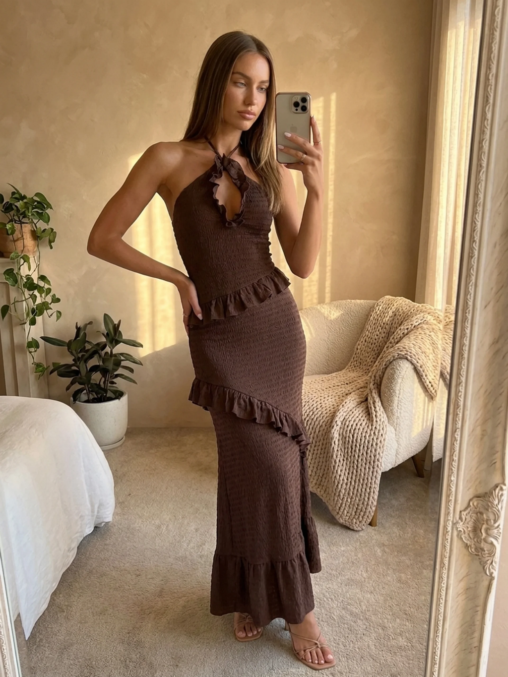 Romy halter keyhole smocked frill-trim maxi dress — side view