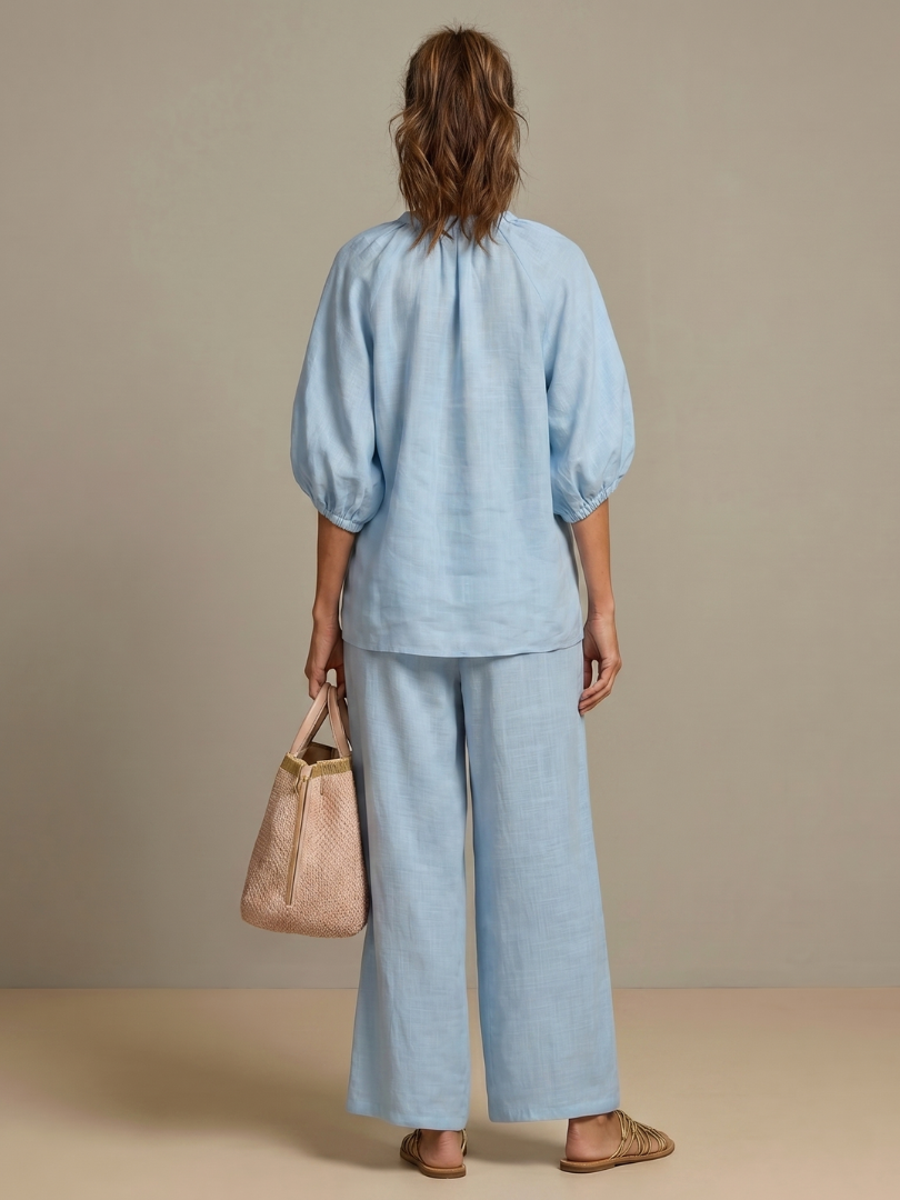 Natalia zip-front blouson top and wide-leg trouser two-piece set — detail view