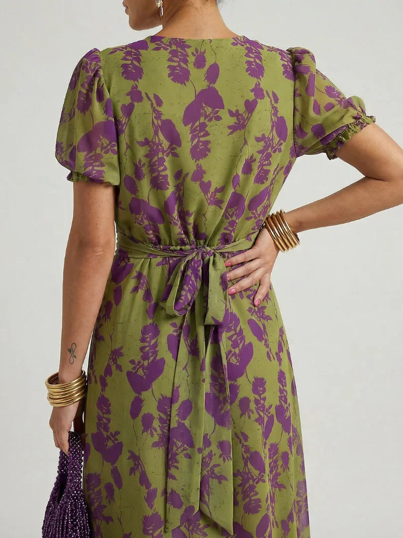 Virel floral puff-sleeve tie-back wrap midi dress — detail view