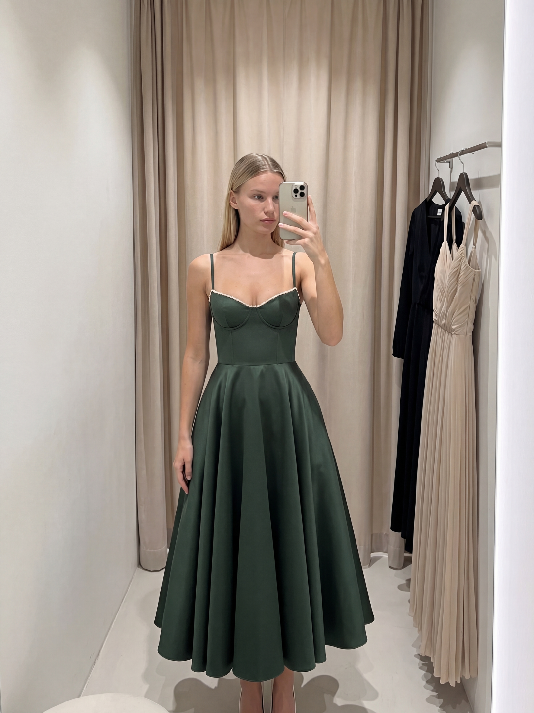 Vera sweetheart bustier tulle midi dress in dark green — detail view