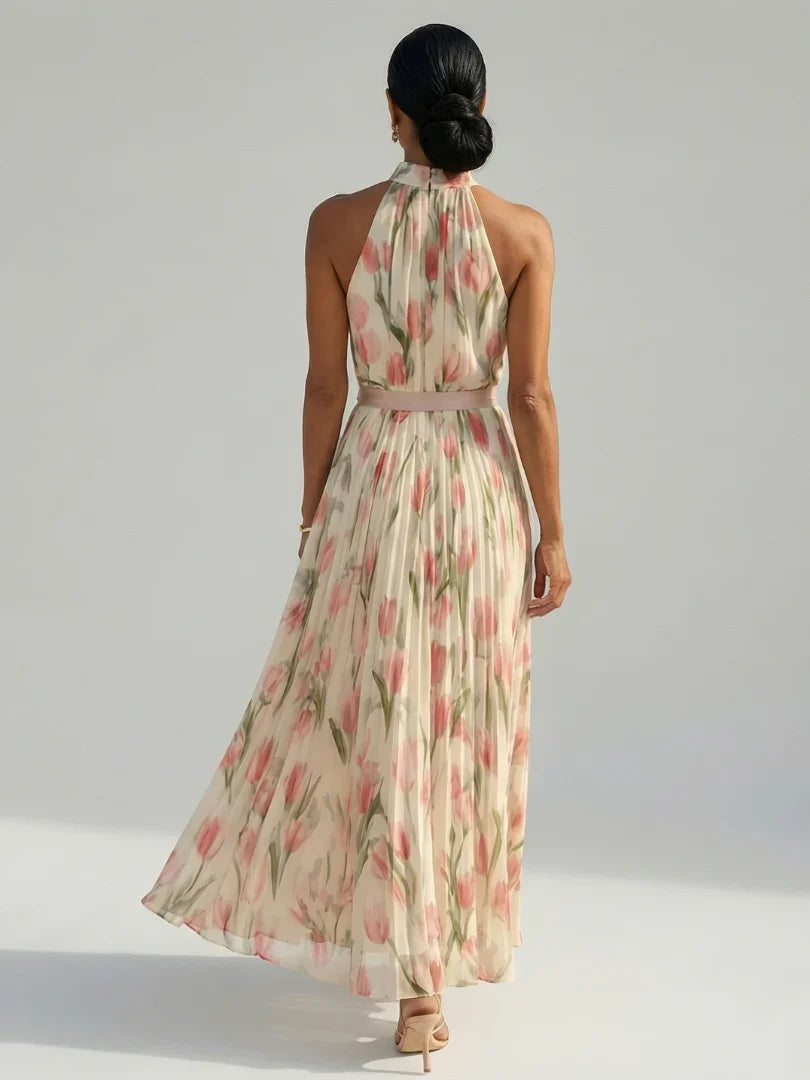 Aurelle floral pleated halterneck maxi dress — detail view