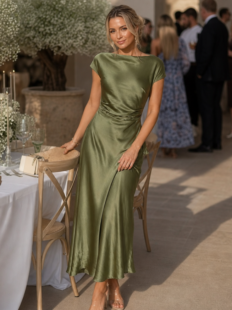 Elure boat-neck side-ruched satin-finish midi dress — detail view