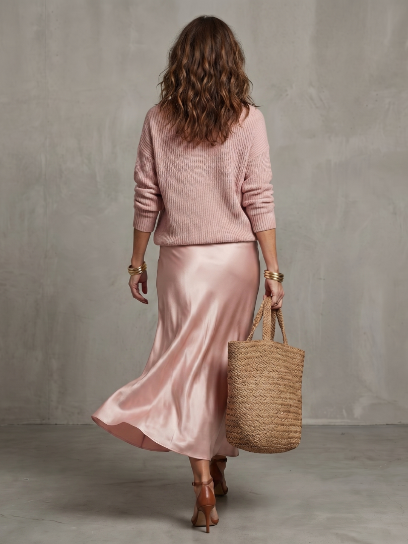 Luciana ribbed knit sweater and bias slip skirt two-piece set — detail view