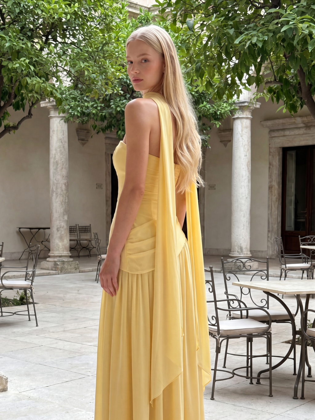Sasha strapless asymmetric contrast maxi dress in brown — front view