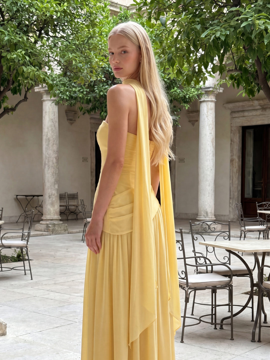 Sasha strapless asymmetric contrast maxi dress in brown — front view