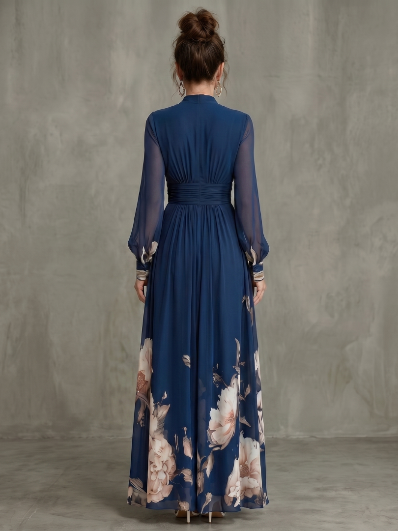 Ziva sheer-sleeve pleated floral maxi dress — detail view