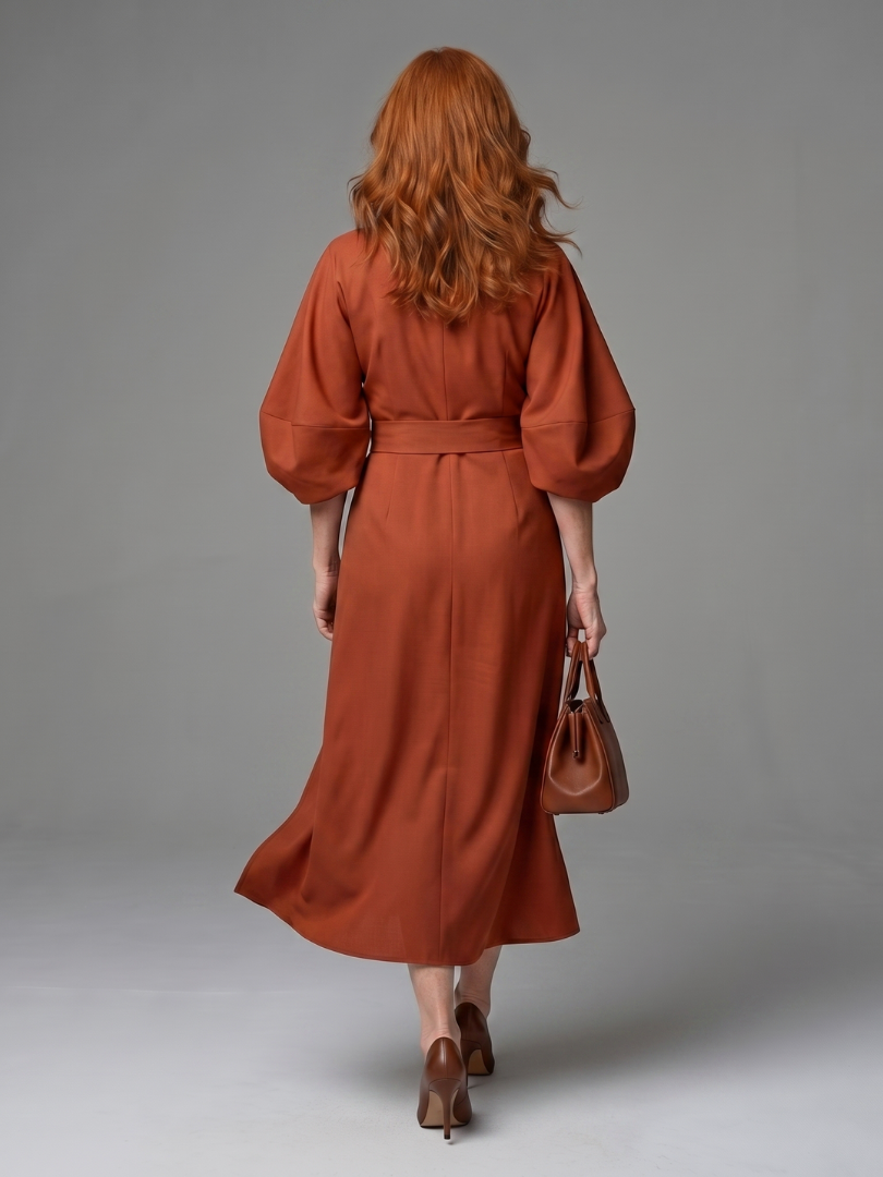 Beryl balloon-sleeve sculpted-waist wrap midi dress — detail view