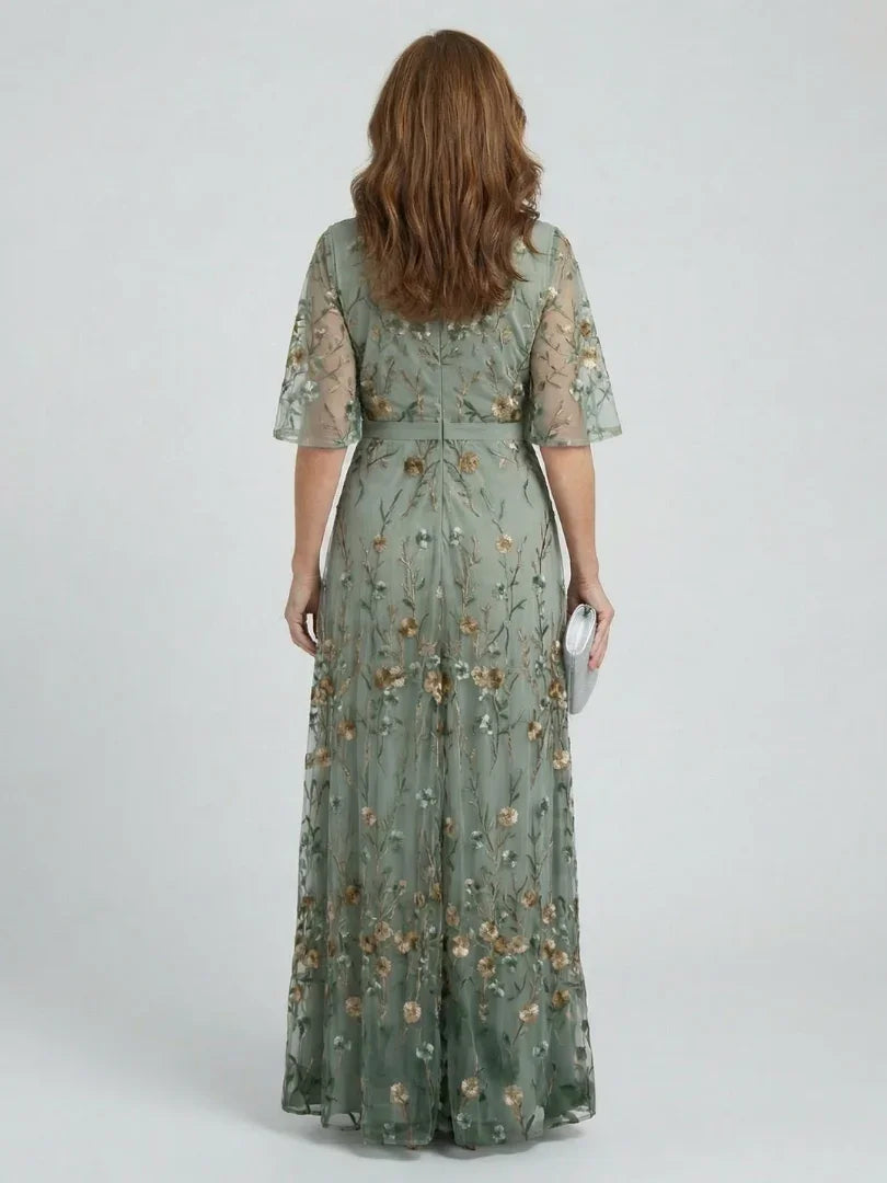 Selora embroidered v-neck flutter-sleeve maxi dress — detail view
