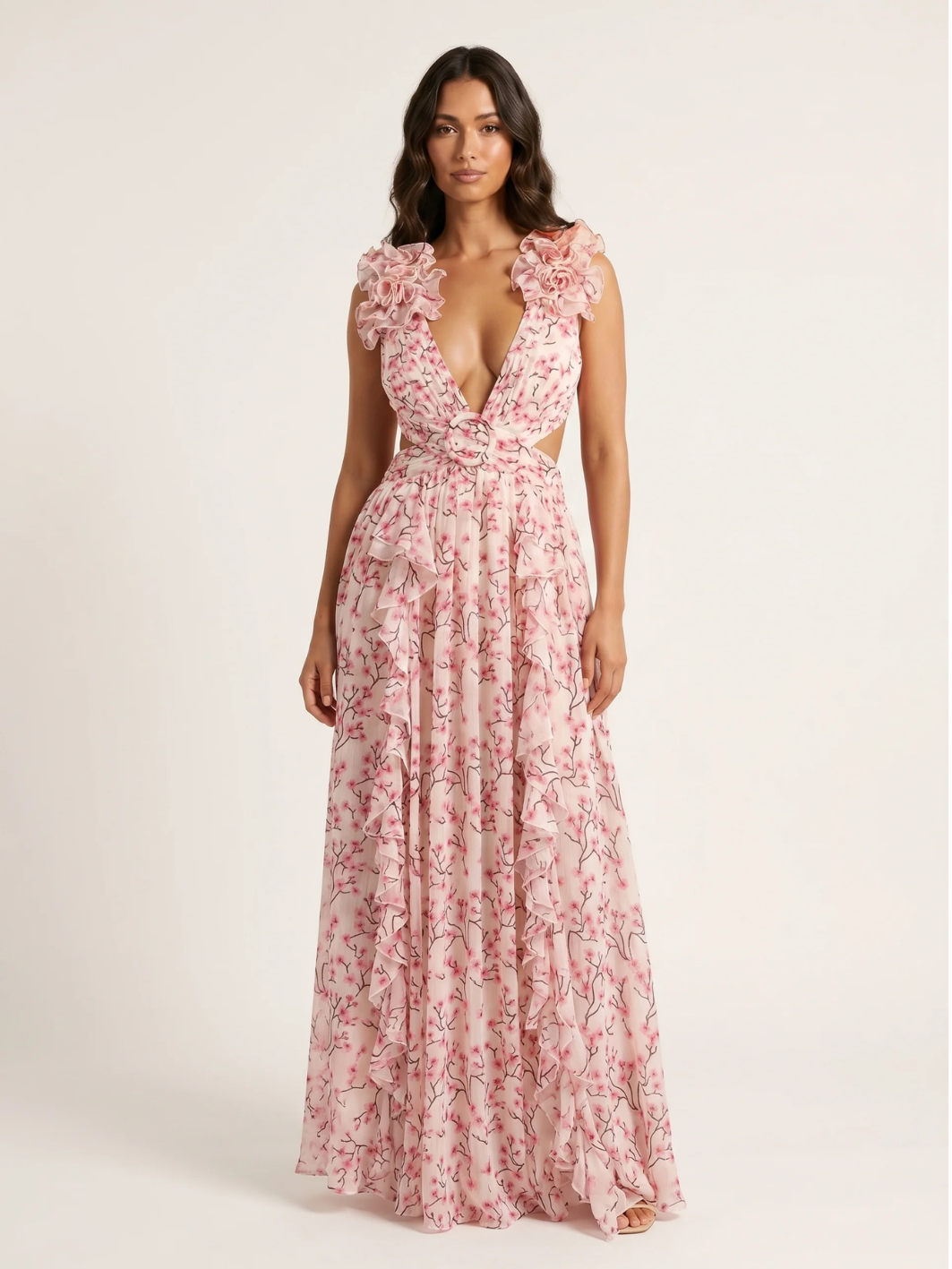 Lark floral plunge cut-out chiffon maxi dress in Orange — detail view