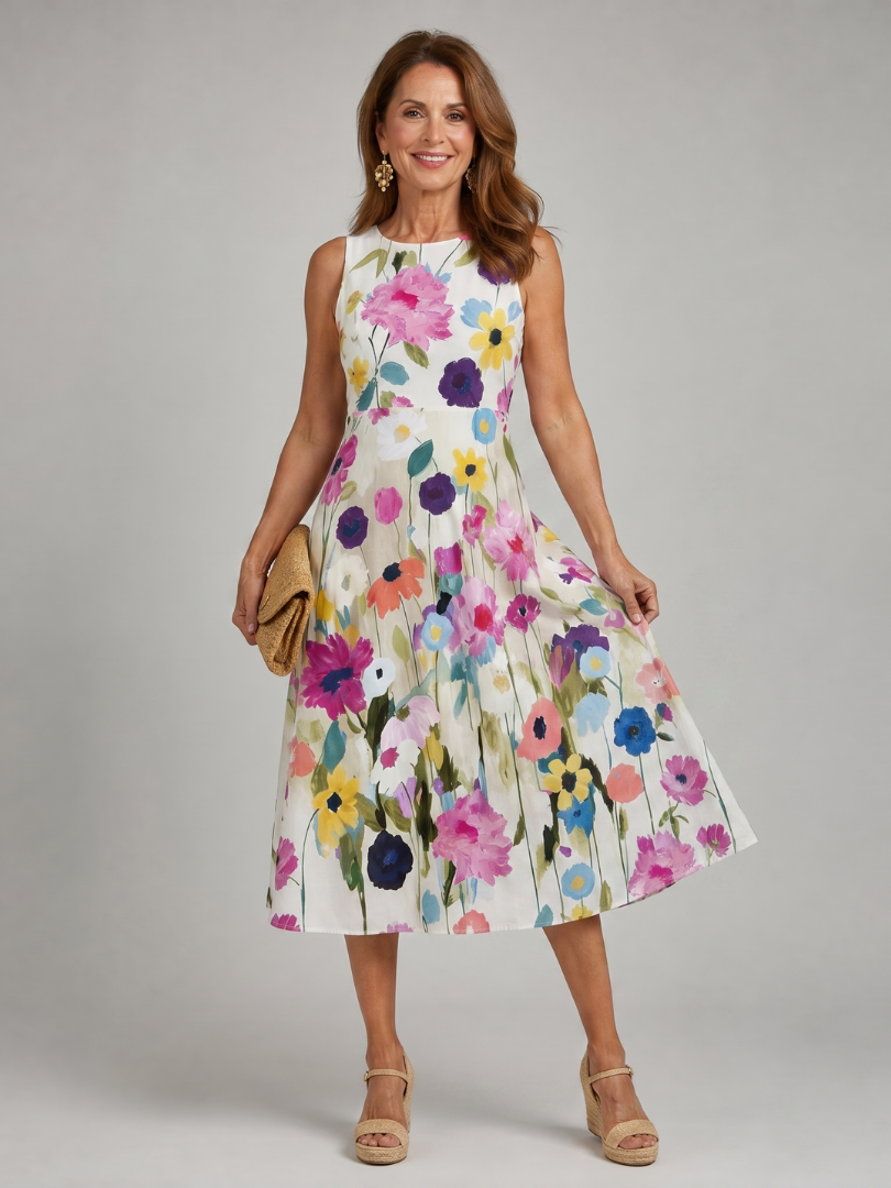 Flory watercolour floral pleated midi dress — detail view