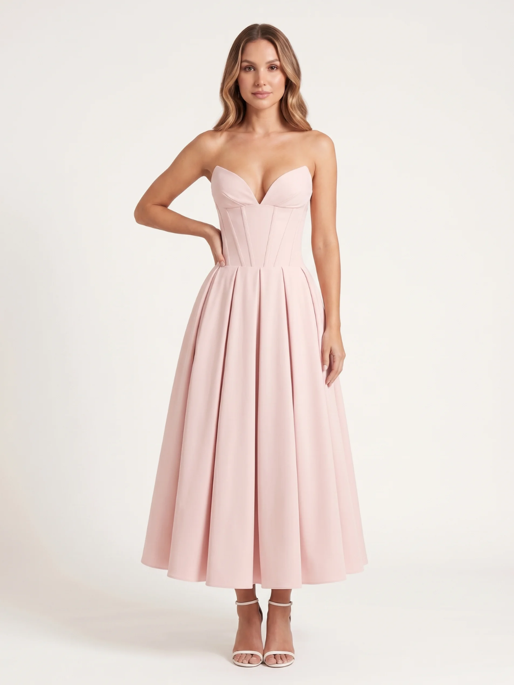 Saskia strapless sweetheart midi dress with full skirt in Black — detail view