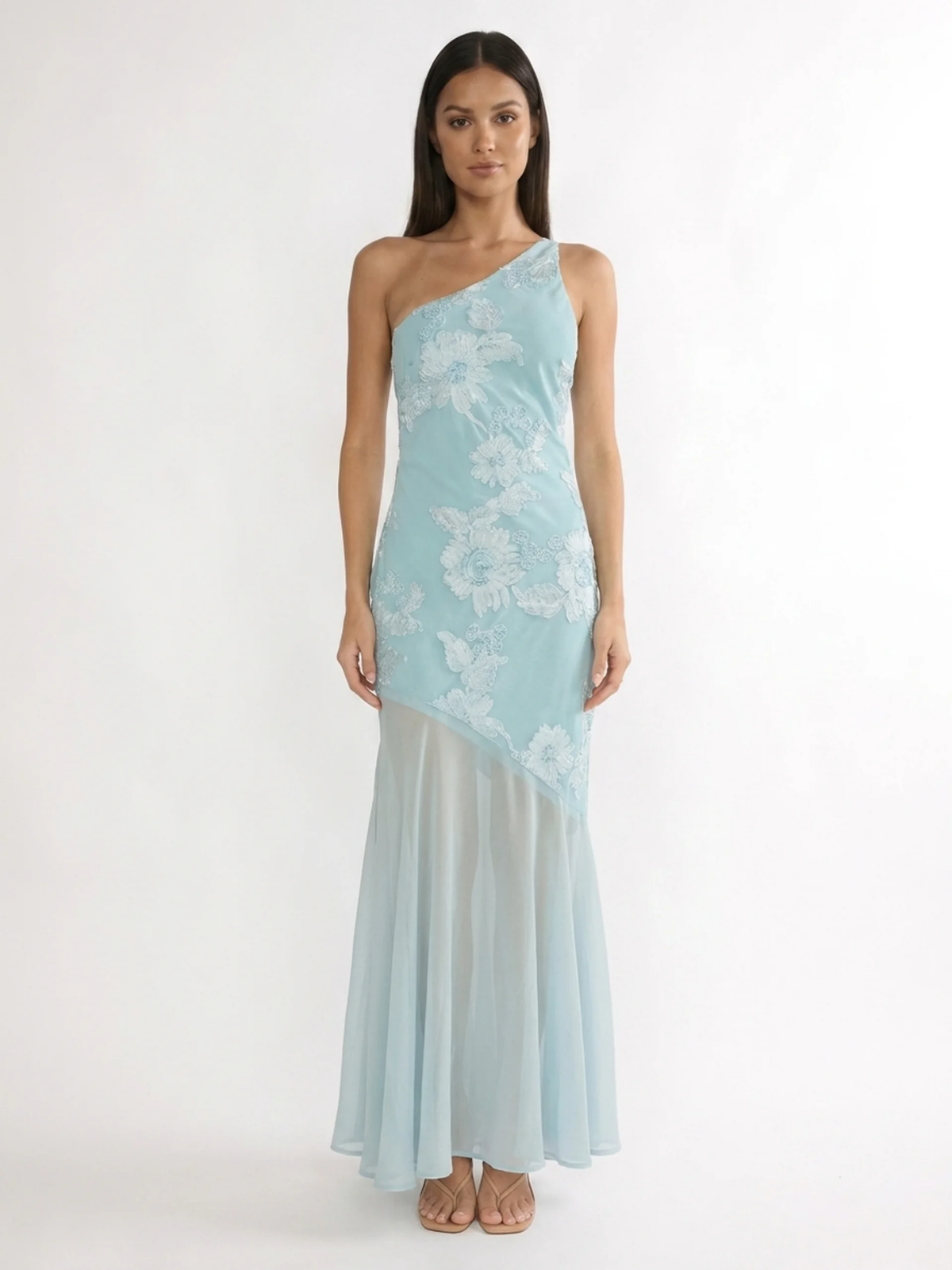 Lila one-shoulder floral applique maxi dress in Light Blue — detail view